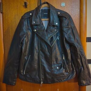 DKNY Dark Leather Biker Jacket